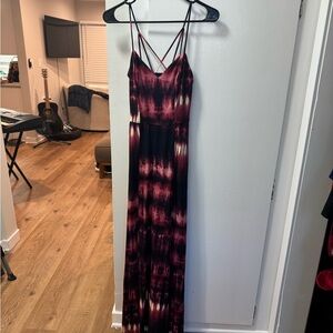Strappy Tie-Dye Maxi Dress in Burgundy and Black